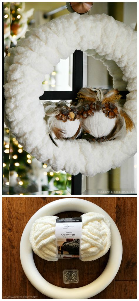 Winter Yarn Wreath, Yarn Wreath Ideas, Yarn Wrapped Wreath, Yarn Christmas Wreath, Chunky Yarn Wreath, Yarn Wreath Diy, Diy Wreaths Easy, Yarn Ball Wreath, Christmas Yarn Wreaths