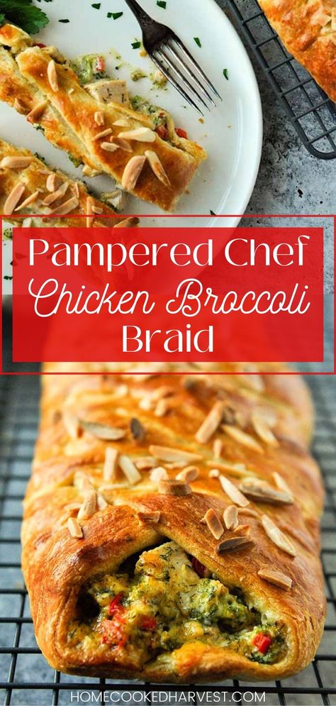 Up close of cooked Pampered Chef chicken broccoli braid on a cooking rack. Chicken Broccoli Braid, Broccoli Braid, Chicken Braid, Chicken Broccoli Cheese, Cheese All, Broccoli Chicken, Pampered Chef Recipes, Crescent Roll Recipes, Crescent Roll