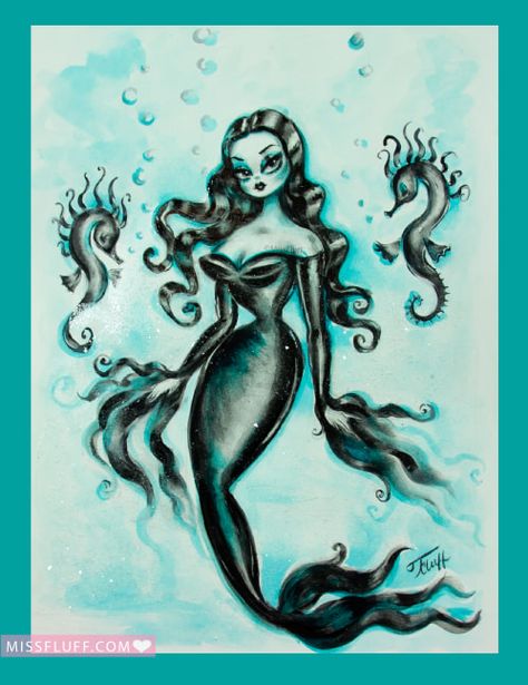 Miss Fluff's Blog - The Art of Claudette Barjoud, a.k.a Miss Fluff Rockabilly Artwork, World Goth Day, Mermaid Sign, Miss Fluff, Minted Art, Vintage Inspired Art, Disney Collage, Red Art Print, Vintage Mermaid