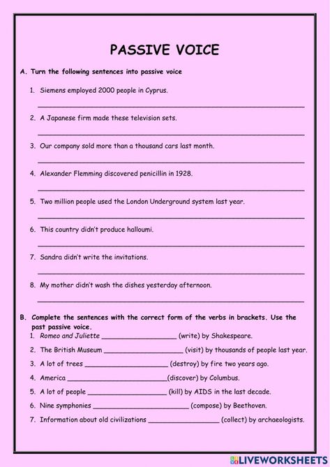 Passive Voice Past Simple Worksheet, Active Passive Voice Worksheets, Passive Voice Vs Active Voice, Passive Active Voice, English Grammar Active And Passive Voice, Past Tense Worksheet, Active Voice, Past Tense, Second Language