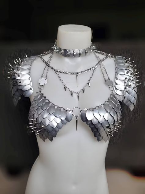 Chainmaille Armor, Dragon Scale Necklace, Rave Cosplay, Spiked Choker, Mail Designs, Metal Dragon, Pride Festival, Gothic Dragon, Clothes Business