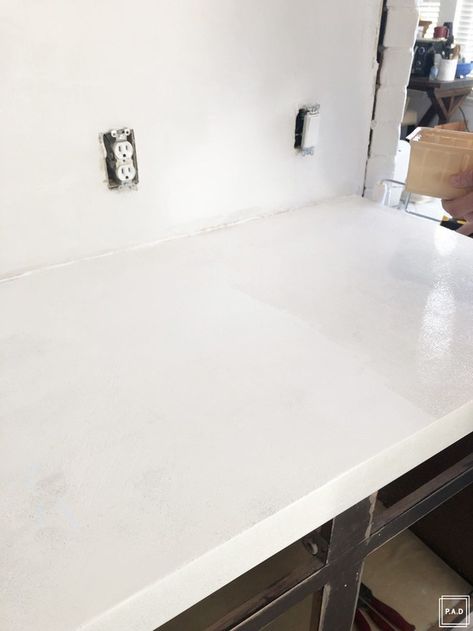 How To Seal Concrete Countertops • Project Allen Designs White Cement Countertops, Painted Concrete Countertops, Sealing Concrete Countertops, Cement Countertop, Diy White Concrete Countertops, Concrete Countertop Sealer, Cement Countertops, White Concrete Countertops, Kitchen Island Makeover