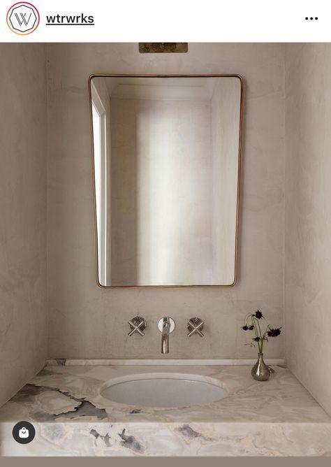 Powder Bathrooms, Daisy Head, Holly Brown, St David, Bone Inlay Mirror, Powder Bathroom, Wavy Mirror, Gold Framed Mirror, Wall Mounted Sink