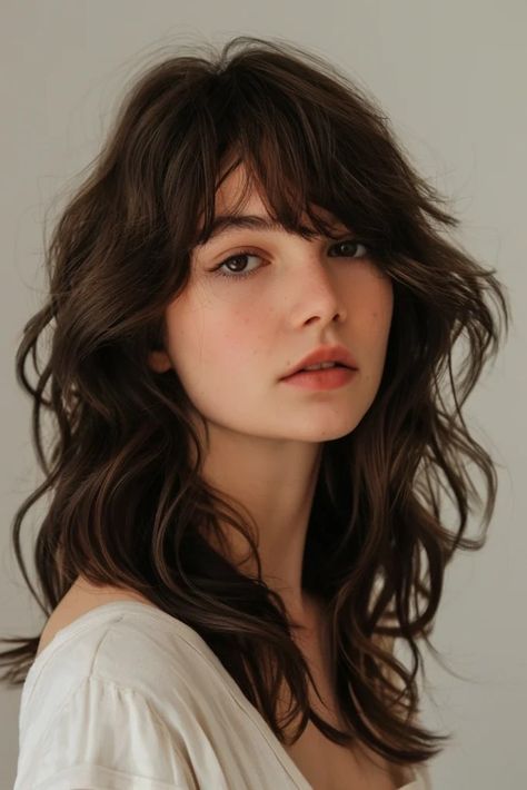 Thick Wavy Bangs, Wavy Haircuts With Layers, Long Wavy Hair Bangs, Natural Wavy Haircut, Figure Sketches, Haircut Inspo, Long Pixie Hairstyles, Haircut 2024, Beautiful Gray Hair