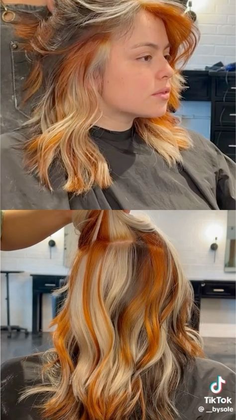 KRISTINA BATES | OKC HAIRSTYLIST | EDUCATOR | COLORIST on Instagram: "CALICO 🧡🖤🤍 #calicohair @pravana #calico #pravana #pravanavivids #pravanacolor #pravanachromasilk #pravanablonde #vividhaircolor #vividhair" Calico Hair Mostly Blonde, Calico Hair Sectioning, Thanksgiving Hair Color, Ginger Calico Hair, Calico Hair Blonde, Calico Hair Color Placement, Light Calico Hair, Calico Hair On Curly Hair, Blonde Calico Hair