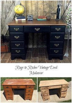 Rags to Riches Vintage Desk Makeover by Just the Woods.  Get a true matte black with Derby - https://just-the-woods.myshopify.com/products/derby Wood Desk Makeover, Vanity Restoration, Remodeled Furniture, Vintage Desk Makeover, Remodel Furniture, Refurbished Desk, Desk Makeover Diy, Desk Redo, Black Painted Furniture