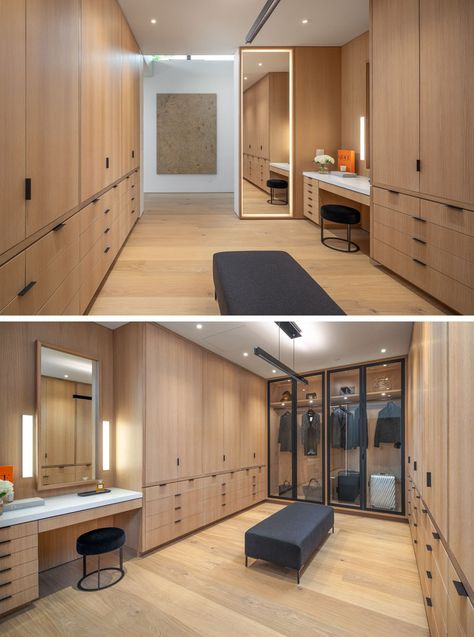 Modern Wardrobe Design, Clothes Cabinet, Hidden Lighting, Walk In Closet Design, California House, Closet Layout, Mirror Framed, White Oak Floors, Glass Walls