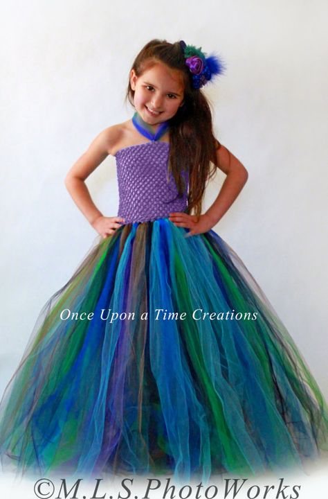 Perfectly Pretty Peacock Tutu Dress  by OnceUponATimeTuTus on Etsy, $59.99 Long Tulle Dress, Peacock Tutu, Tutu En Tulle, Kids Halloween Costume, Peacock Costume, Tulle Dress Long, Tutu Skirt Kids, Pageant Wear, Etsy Halloween