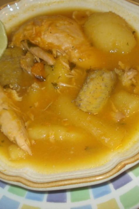 Nini's Cuban Tropical Soup, Sopita Tropical de Nini Yuca Root, Pollo Tropical, Ripe Plantain, Cuban Recipes, Green Pepper, Whole Chicken, Root Vegetables, Soup Pot, Chicken Soup