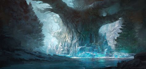 Clearing - epic concept art by Jordan Grimmer #conceptart #fantasyart #digitalart Jordan Grimmer, Ice Forest, Ice Tree, Giant Tree, Game Environment, Fantasy Setting, Fantasy Art Landscapes, Fantasy Concept Art, Environment Design