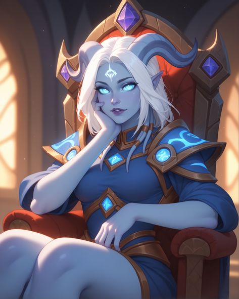 Draenei sitting on the throne Wow Draenei Art, Draenei Priest, World Of Warcraft Draenei, Draenei Female, Wow Draenei, Wow Elf, Gaming Girls, 2d Painting, 2nd October