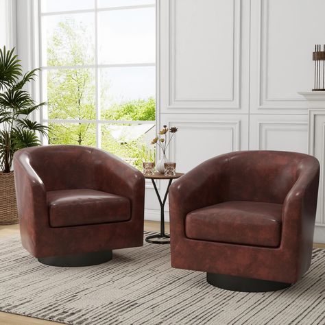 PRICES MAY VARY. Ergonomic Support, Great Comfort- Swivel Barrel Chair Size- 29" W *28" D* 26" H, Seat Height- 18", Seat Width- 21". Graceful silhouette with sloped arms, this modern club armchair is a classic piece with a fresh twist and might. High-strength spring support ensures that the seat will not collapse after frequent use 360 Degree Rotation Chair- What's more, the heavy duty 360° swivel base features solid wood turntable, making the rotation more stable and not wobbly, providing great Leather Seating Living Room, Modern Swivel Chair Living Room, Round Armchair, Modern Swivel Chair, Chair Size, Leather Swivel Chair, Club Armchair, Sofa Seating, Swivel Chair Living Room