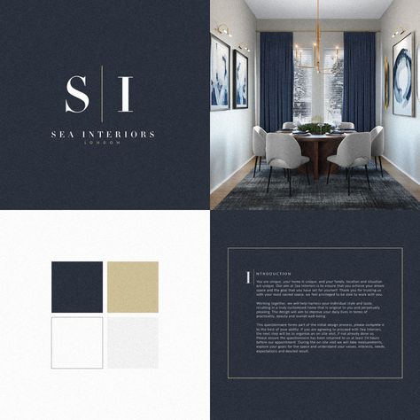 Sea Interiors - Brand Identity & Logo Design.  Sophisticated & Elegant Blue Gold Ivory palette. Ivory Interior Design, High End Colour Palette, Luxury Blue Branding, Luxury Brand Identity Colors, Luxury Color Palette Branding Blue, Royal Blue And Gold Color Palette, Navy Branding Color Palette, Blue Gold Branding, Navy And Gold Branding