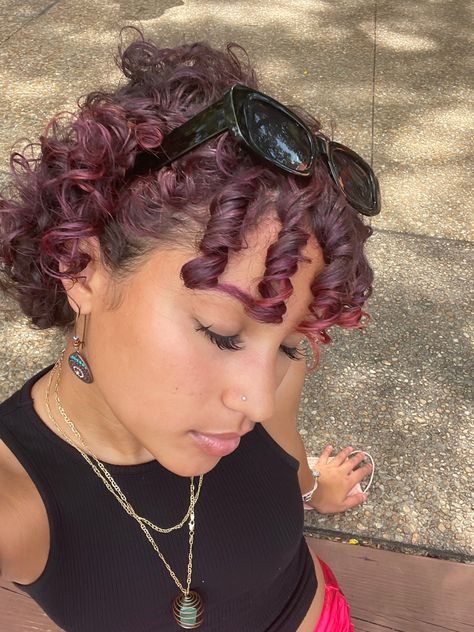 Pink Underneath Hair Curly, Wine Dyed Natural Hair, Red Violet Curly Hair, Cherry Red Hair Curly Short, Red Purple Curly Hair, Short Curly Burgundy Hair, Short Purple Curly Hair, Black Cherry Curly Hair, Dark Pink Curly Hair