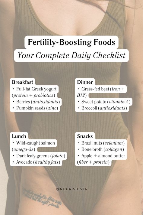 🥑 Your complete day of fertility-boosting foods!   Save this fertility meal plan for easy reference   | Fertility diet | TTC foods | Fertility nutrition | Foods for fertility | Getting pregnant diet | Fertility coach approved meals |   #fertility #ttcdiet #fertilityfoods #ttcjourney #fertilitynutrition #holisticfertility  Get more fertility nutrition tips at nourishista.com The Fertility Diet, Meal Plan For Fertility, Fertility Grocery List, Best Fertility Foods, Snacks For Fertility, High Fertility Foods, Ttc Diet Plan, Meal Prep For Fertility, Carnivore Diet For Fertility