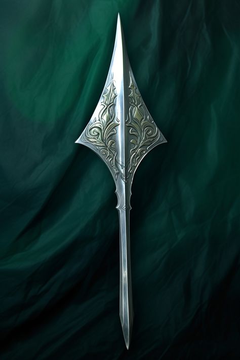 A stunning silver blade, crafted with intricate details and symmetrical balance. This commissioned masterpiece captures the essence of elven elegance, with arabesque designs and a magical backlight. A symbol of power, wielded by heroes. Elven Spear, Symmetrical Balance, Symbol Of Power, Arabesque Design, Power Symbol, A Symbol, Arabesque, Intricate Details, Essence