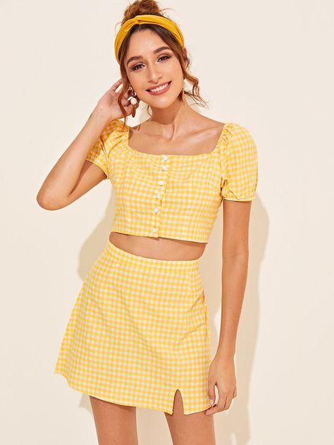 Button Up Crop Top & Gingham Skirt Set | SHEIN Utility Skirt, Cord Set, Gingham Skirt, Coord Set, Boho Fabric, Blouse Models, Crop Top Outfits, Ribbed Knit Top, Top Crop