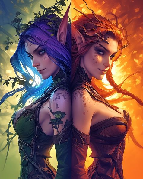 T W I N S ♊️👯‍♀️ • • ➡️ Drop a follow for daily creative goodness, or comment below if you like 🫶♥️ • • #fantasy #fantasyart #twin #twins #… | Instagram Twins Fantasy Art Sisters, Good Dragon, Fantasy Twins Art, Dnd Twins, Elf Characters, Female Elf, Theme Tattoo, Magic Design, Fantasy Artist