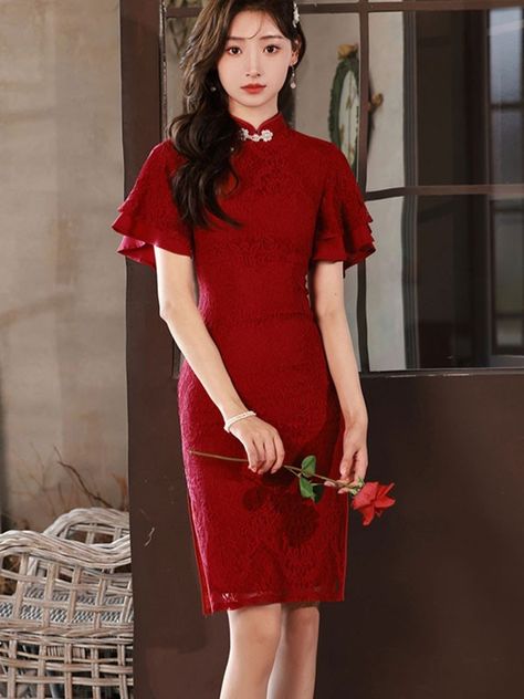 Red Lace Flutter Sleeve Wedding Bride Qipao Cheongsam Dress - CozyLadyWear Qipao Top, Cheongsam Wedding, Wedding Qipao, Wedding Cheongsam, Sleeved Wedding, Qipao Cheongsam, Qipao Dress, Custom Made Clothing, Burgundy Lace