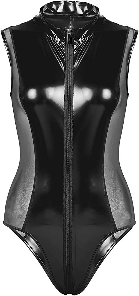 Agoky Women's Metallic Leather Sleeveless Bodysuit Zipper High Cut Thongs Leotard Catsuit Black One_Size : Amazon.co.uk: Fashion Spandex Suit, High Cut Bodysuit, Rock Style Clothing, Black Pants Men, Body Suits, Lingerie Party, Leather Lingerie, Punk Rock Fashion, Sleeveless Bodysuit