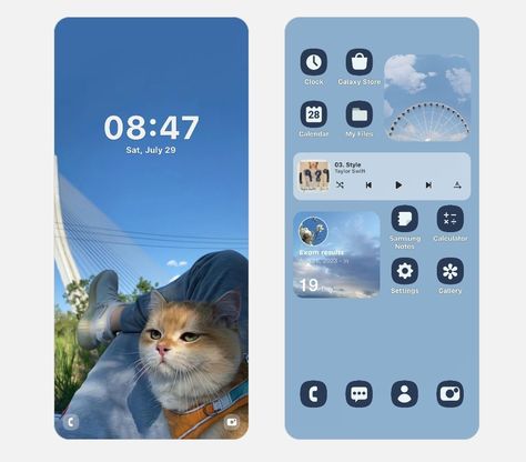 Aesthetic Phone Organization, Samsung Themes, Samsung A23, Layout Aesthetic, Phone Layout, Blue Theme, App Layout, Phone Theme, Phone Organization