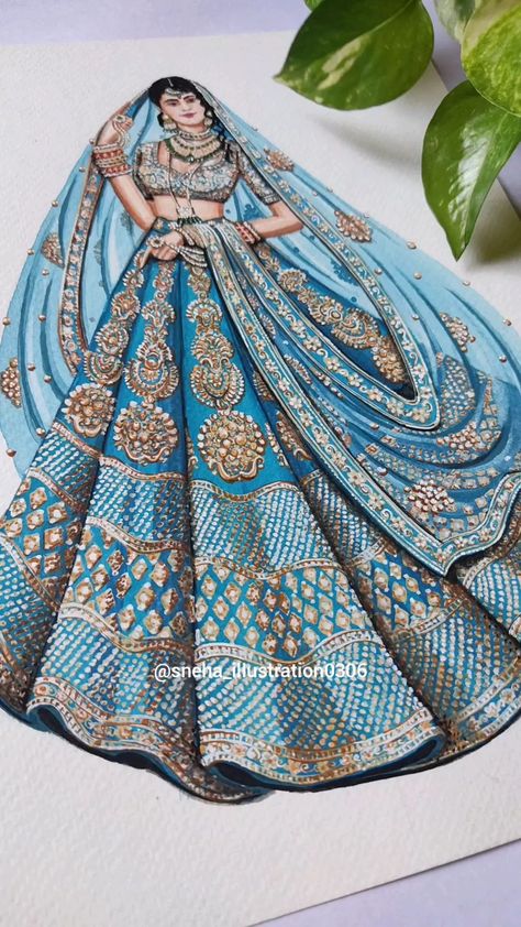 Indian Lehenga Drawing, Fashion Designing Illustration, Lehanga Drawing Design, Indian Wedding Outfits Drawing, Indian Bridal Lehenga Illustration, Lengha Design Drawing, Bridal Illustration Sketches, Bridal Lehenga Illustration Sketches, Lehenga Designs Illustration