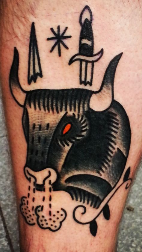 Taurus American Traditional Taurus Tattoo, Traditional Bull Head Tattoo, Taurus Tattoo Traditional, Wild West Tattoo Traditional, New Age American Traditional Tattoo, Carabao Tattoo, Traditional Bull Tattoo, Art Traditional Tattoo, Ox Tattoo