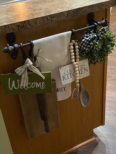 Kitchen Towel Rack With Hooks, Towel Rack Kitchen Island, End Of Cabinet Towel Bar, Island Towel Bar With Hooks, Kitchen Wall Hooks Ideas, Shiplap Kitchen Wall Farmhouse Style, One Wall Kitchen Decor Ideas, Decorative Kitchen Towels Display, End Of Kitchen Cabinet Ideas Farmhouse