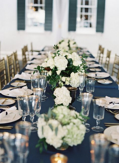 navy blue gold and greenery long table wedding decorations #wedding #weddings #weddingideas #greenweddings #rar #blueweddings Navy Tablecloth, Gold Reception, Long Table Wedding, Popular Wedding Colors, Green Wedding Colors, Boda Mexicana, Winter Bride, Wedding Theme Colors, Navy Blue Wedding