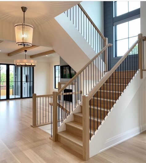 Just keep climbing, friends... we’ve almost made it to Friday! . And I’d take the stairs all day long if they looked like this gorgeous… | Instagram 3 Level Staircase, Open Stairway To Basement In Living Room, Lake House Stair Railings, Second Story Hallway Ideas, Entryway With Stairs Going Down, Staircases With Landings, Open Stairs Design, Stairwell Addition, Opening Up Stairs