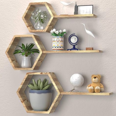 Amazon.com: Wooden Hexagon Floating Shelves Wall Mounted, Honey Comb Shelves Set of 6, Geometric Floating Shelves for Wall Decor, White Honeycomb Wall Shelves for Bedroom, Living Room, Bathroom, Kitchen, Office : Home & Kitchen New Year Wood Decorations, Honeycomb Shelves Decor, Bedroom Shelf Decor, Floating Shelves Display, Small Floating Shelves, Hexagon Floating Shelves, Wall Mounted Wood Shelves, Mood Board Bedroom, Honeycomb Wall