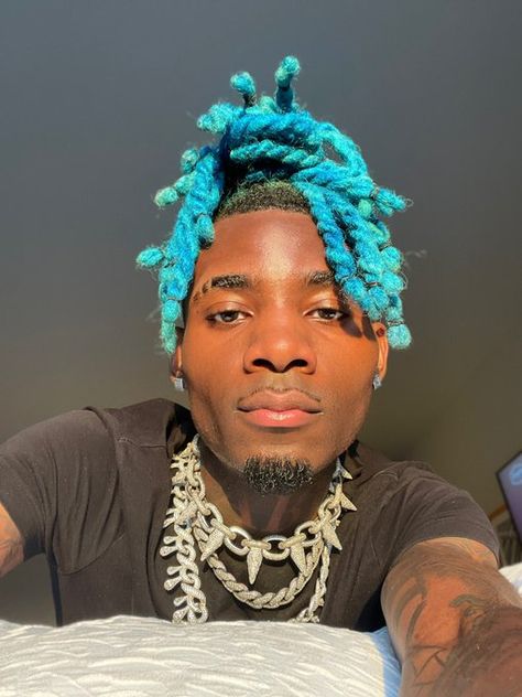 Blue Locs Men, Colored Locs Men, Dyed Locs Men, Dyed Dreadlocks, Blue Dreadlocks, 2 Strand Twist Styles, Blonde And Blue Hair, Blue Dreads, Dyed Dreads