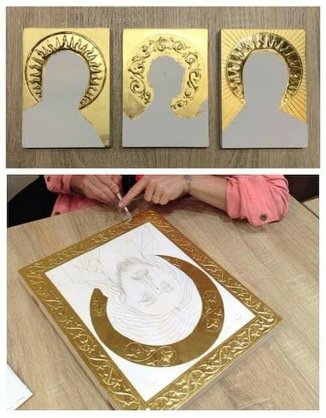 Metal Embossing Art, Mary Images, Mother Mary Images, Icon Painting, Paint Icon, Diy Chalk Paint, Gold Leaf Art, Byzantine Art, Gold Leaf Painting