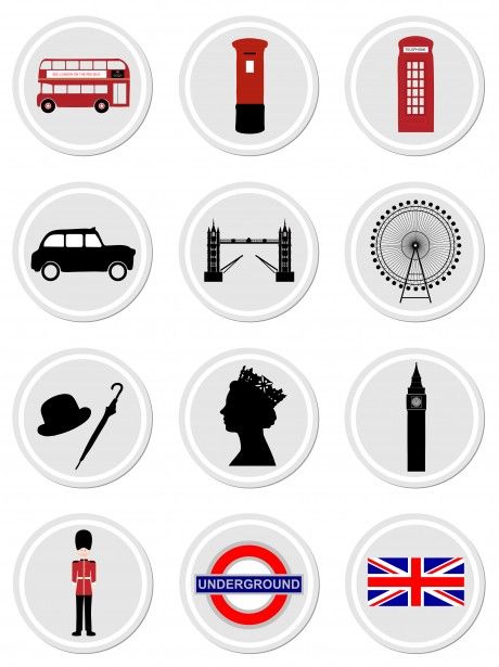 Famous London icons and landmarks on stickers for scrapbooking London Stickers, British Party, London Theme, London Icons, London Party, London Logo, London Instagram, London Tattoo, Queen Birthday