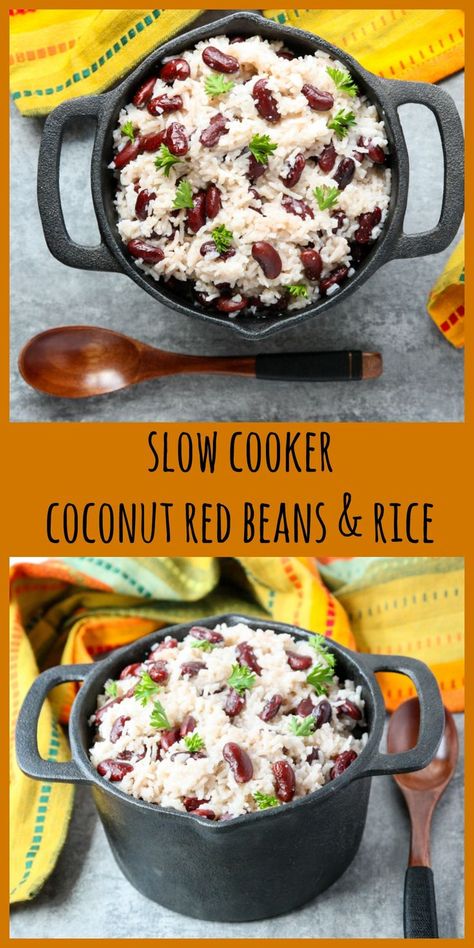 Jamaican inspired Slow Cooker Coconut Red Beans & Rice is delicious as a side dish or a meal in itself. So simple, but so packed with flavour. #beans&rice #rice&beans #rice&peas #slowcookerbeans Rice And Beans Slow Cooker, Jamaican Rice And Beans, Beans Slow Cooker, Caribbean Rice And Beans, Caribbean Rice, Jamaican Rice, Red Beans Rice, Rice Peas, Slow Cooker Beans