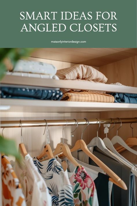 Transform your awkward angled closet into a stylish and functional space with these smart design solutions! Explore storage-friendly galley and corner closet ideas that work wonders in tight dimensions. From clever shelving to utilize every inch of available space to unique organizers for hard-to-reach areas, design your home beautifully while maximizing storage potential. Whether you’re working with a compact bedroom or a funky hallway closet, these ideas will help you create a space that is both organized and visually appealing. Expanding Closet Space, Corner Closet Storage, Angle Closet Ideas, Small Sloped Closet Ideas, Bedroom Reach In Closet Ideas, Odd Shaped Closet Organization Ideas, Triangle Closet Ideas, Angled Closet Ideas, Dormer Closet Ideas