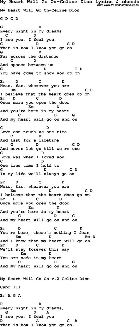 Love Songs Guitar Chords, Song Lyrics With Piano Chords, Song Guitar Chords Lyrics, My Heart Will Go On Piano, Guitar Chords And Lyrics Songs, My Heart Will Go On Lyrics, Ukelele Chords Songs Easy, My Heart Will Go On, Guitar Songs With Chords