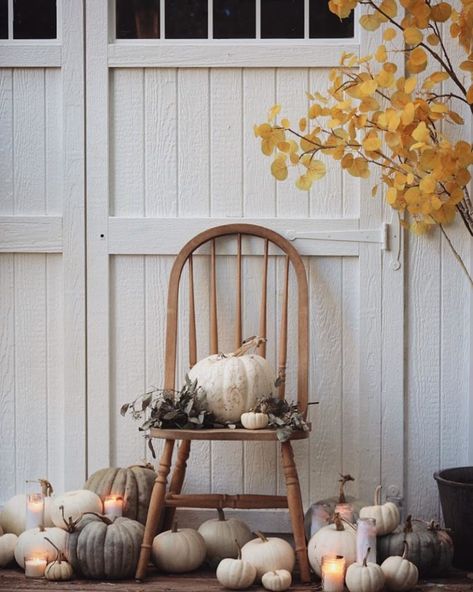 Porch Styling, Autumn Porch, Lantern With Fairy Lights, Potted Mums, Grey Pumpkin, French Vintage Decor, Fall Picnic, Candle Wrap, Fall Country