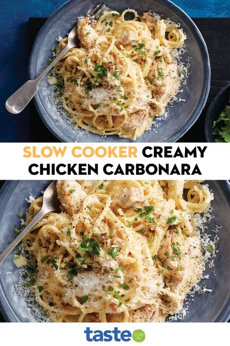 This super easy carbonara is a classic meal that will become a new family favourite. Creamy Chicken Carbonara, Chicken Carbonara Pasta, Easy Carbonara, Easy Carbonara Recipe, Chicken Carbonara Recipe, Slow Cooker Pasta Recipes, Creamy Spaghetti, Crockpot Pasta, Slow Cooker Creamy Chicken