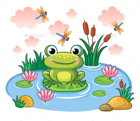 The frog sits on a leaf in the pond. Vector illustration in childrens style. Lake with insects and animals. Pond Drawing, Frosch Illustration, Frog Sitting, Frog Illustration, Frog Drawing, Frog Art, 자수 디자인, Baby Colors, Stencil Crafts