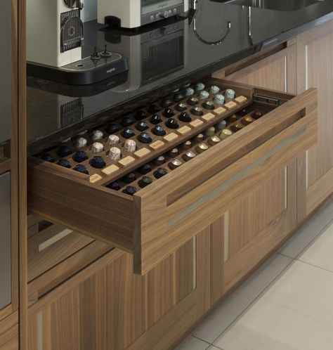 Mark Wilkinson Furniture on Instagram: “Friday's call for a strong Coffee! ☕ . These unique Nespresso drawers are ideal for those who like a cup of something strong. The drawers…” Nespresso Drawer, Coffee Bar Furniture, Coffee Drawer, Mari Kondo, Office Coffee Bar, Coffee Pods Drawer, Home Bar Rooms, Coffee Holder, House Coffee