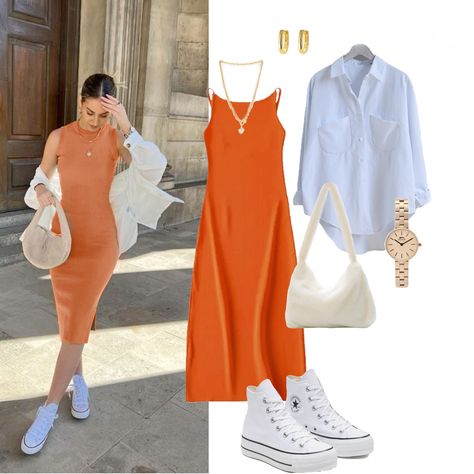 orange summer look Orange Summer Dress Casual, Orange Sundress Outfit, Modest Picnic Outfit, Orange Outfit Ideas Summer, Orange Dress Outfit Casual, Orange Dress Outfit Summer, Orange Clothes Aesthetic, Orange Aesthetic Outfits, Orange Dress Aesthetic