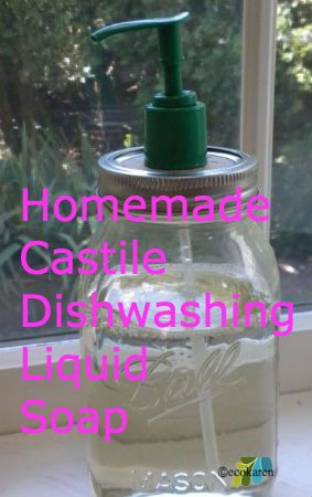 homemade castile dishwashing soap by ecokaren Cheap Dishwasher Detergent, Homemade Dishwashing Liquid, Borax Free Laundry Detergent, Liquid Castile Soap, Mason Jar Soap Dispenser, Homemade Stuff, Homemade Laundry Detergent, Homemade Cleaning, Homemade Cleaning Products