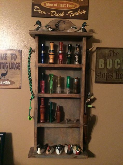 Duck call display shelf Duck Hunting Room Ideas, Duck Hunting Bedroom Ideas, Duck Hunter Bedroom, Duck Hunting Bedroom, Hunting Bedroom Ideas, Duck Call Display, Duck Hunting Home Decor, Duck Hunting Room Decor, Mallard Duck Mounts