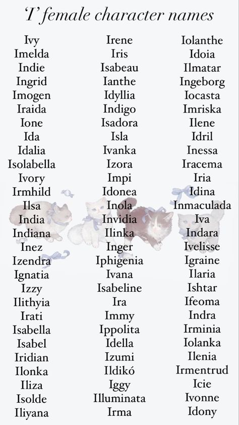 Girl names beginning in the letter ‘I’. Name For Characters Female, British Female Names, Royalty Names Daughters, British Last Names For Characters, Mythical Female Names, Dnd Names Female, Main Character Names Female, Cool Female Names, Medieval Fantasy Names