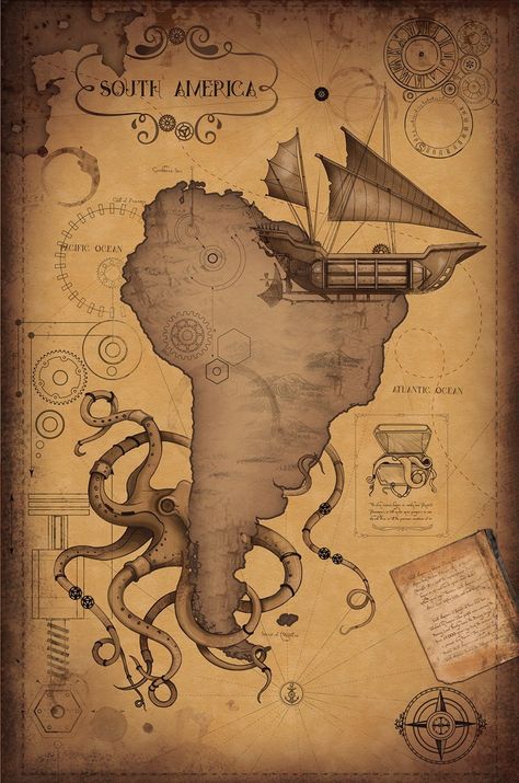 Where in the world are you? Steampunk World Map by Diana Costin Steampunk Map, Steampunk Font, Cartography Design, Steampunk World, Ancient World Maps, Steampunk Artwork, Steampunk Tendencies, Steampunk House, Antique World Map