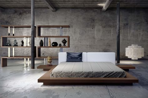 low mod loft king contemporary - Trendir Japanese Platform Bed, Raised Platform Bed, Japanese Bedroom Design, Bedroom Designs For Couples, Japanese Style Bed, Industrial Bedroom Design, Leather Platform Bed, Murphy Bed Ikea, Bedroom Inspirations Minimalist