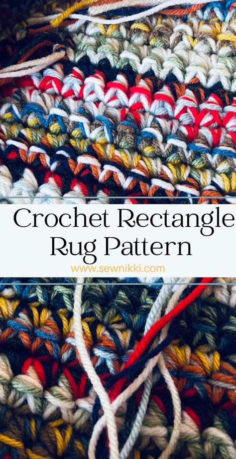 crochet rug with tails that need to be weaved in Scrappy Rug Crochet Pattern, Scrap Yarn Crochet Rugs, Crochet Throw Rug, Crochet A Rug Free Pattern, Rug Yarn Projects Ideas, Crochet Rectangle Rug Pattern Free, Crochet Throw Rugs, Crochet Scraps Projects, Crocheted Rugs Patterns Free