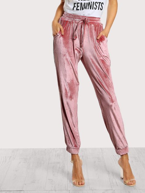 Shop Shirred Waist Velvet Sweatpants online. SheIn offers Shirred Waist Velvet Sweatpants & more to fit your fashionable needs. Velvet Loungewear, Velvet Sweatpants, Women Sweatpants, Shabby Chic Clothes, Mode Chic, Velvet Fashion, Pajama Set Women, Western Dresses, Womens Sweatpants