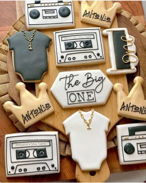 Notorious Big One Cookies, Notorious One Birthday Cookies, Hip Hop Cookies Decorated, Notorious Big Cookies, Biggie Smalls Cookies, Notorious Big Party Theme, Cookies For Birthday Party, Boys First Bday Themes, Notorious Big One Birthday Cookies